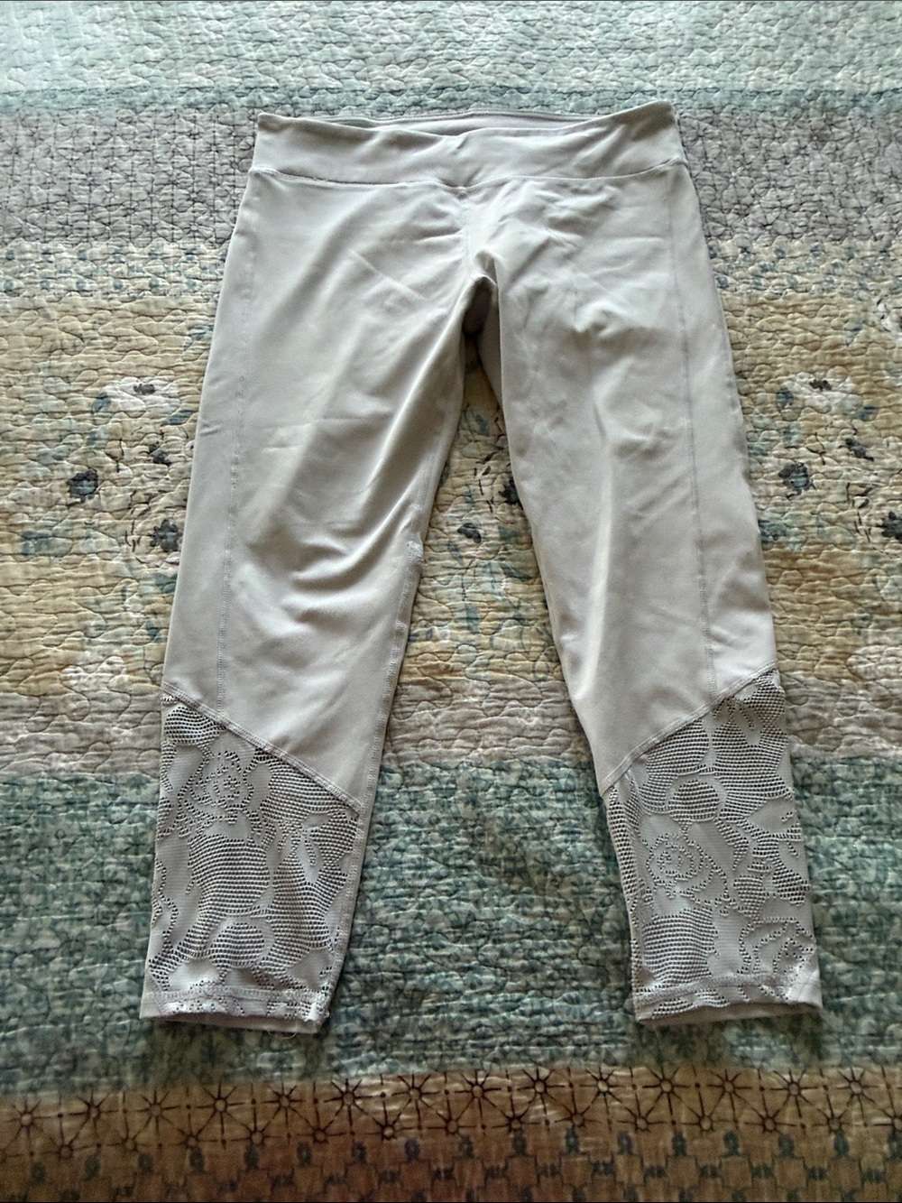 Fabletics Light Taupe Cropped Leggings with Lace Cutouts